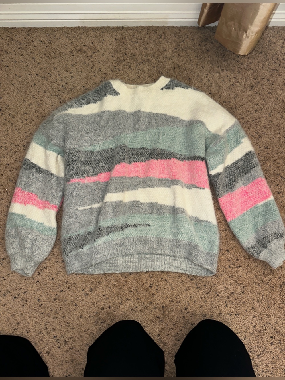 Cozy Striped Crewneck Sweater - Gray, Cream & Pink
